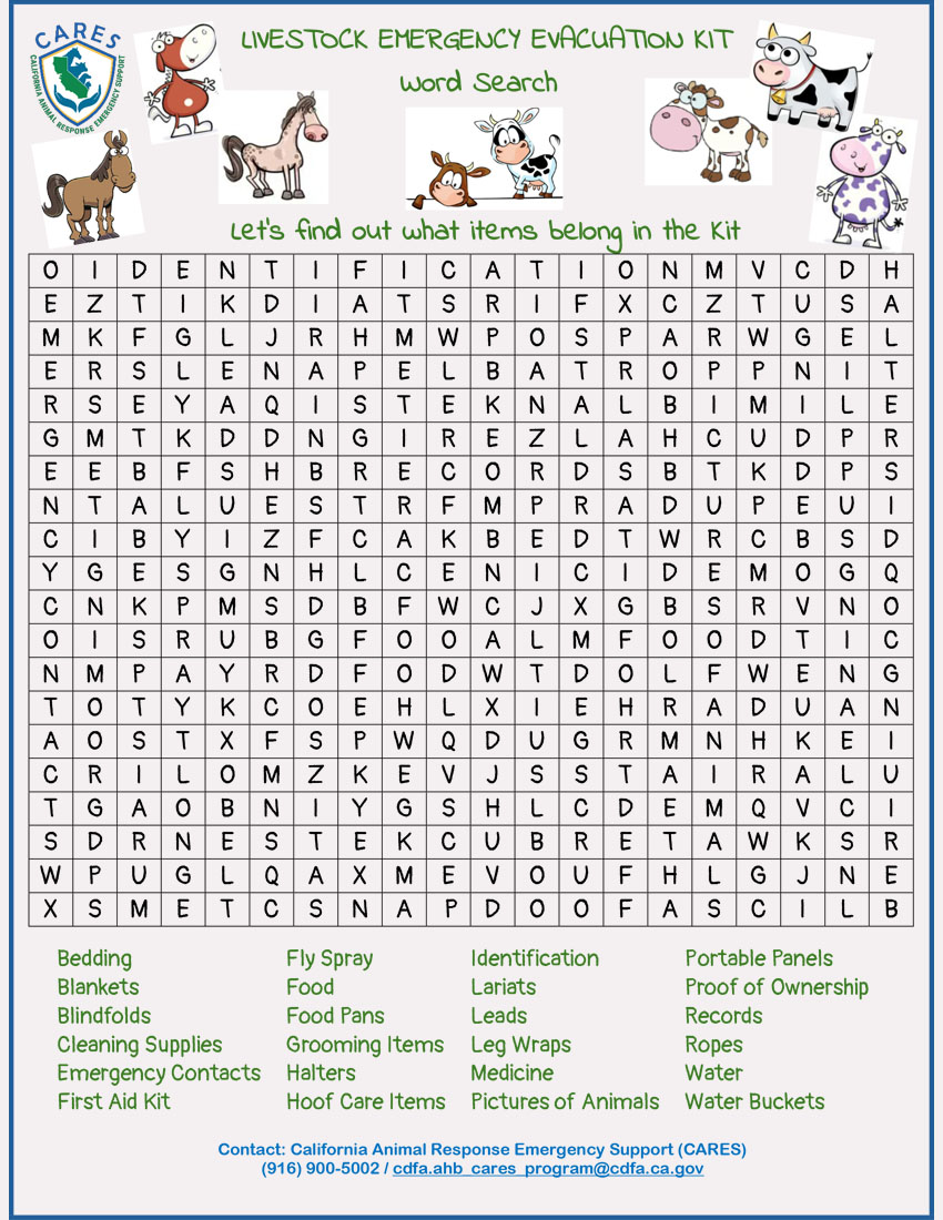 Livestock Emergency Evacuation Kit Word Search