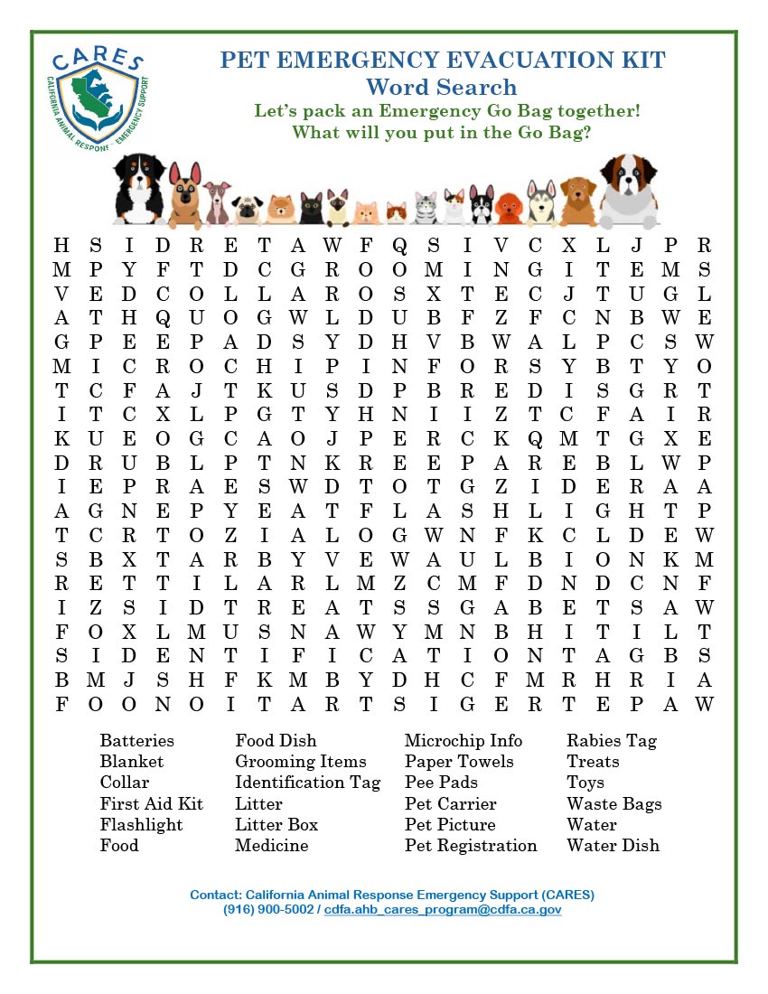 Pet Emergency Evacuation Kit Word Search