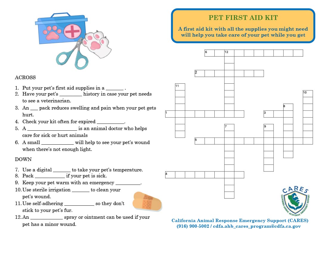 CARES Pet First-Aid Kit Crossword Puzzle