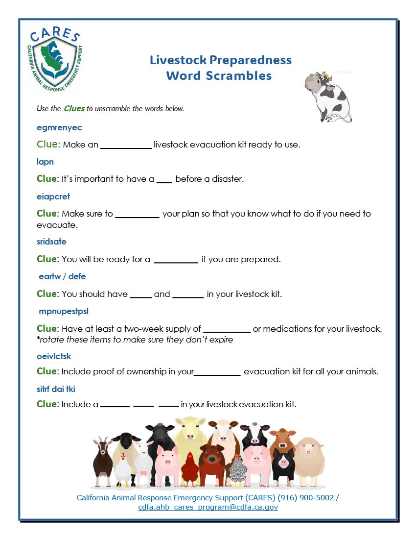 CARES Livestock Preparedness Word Scramble