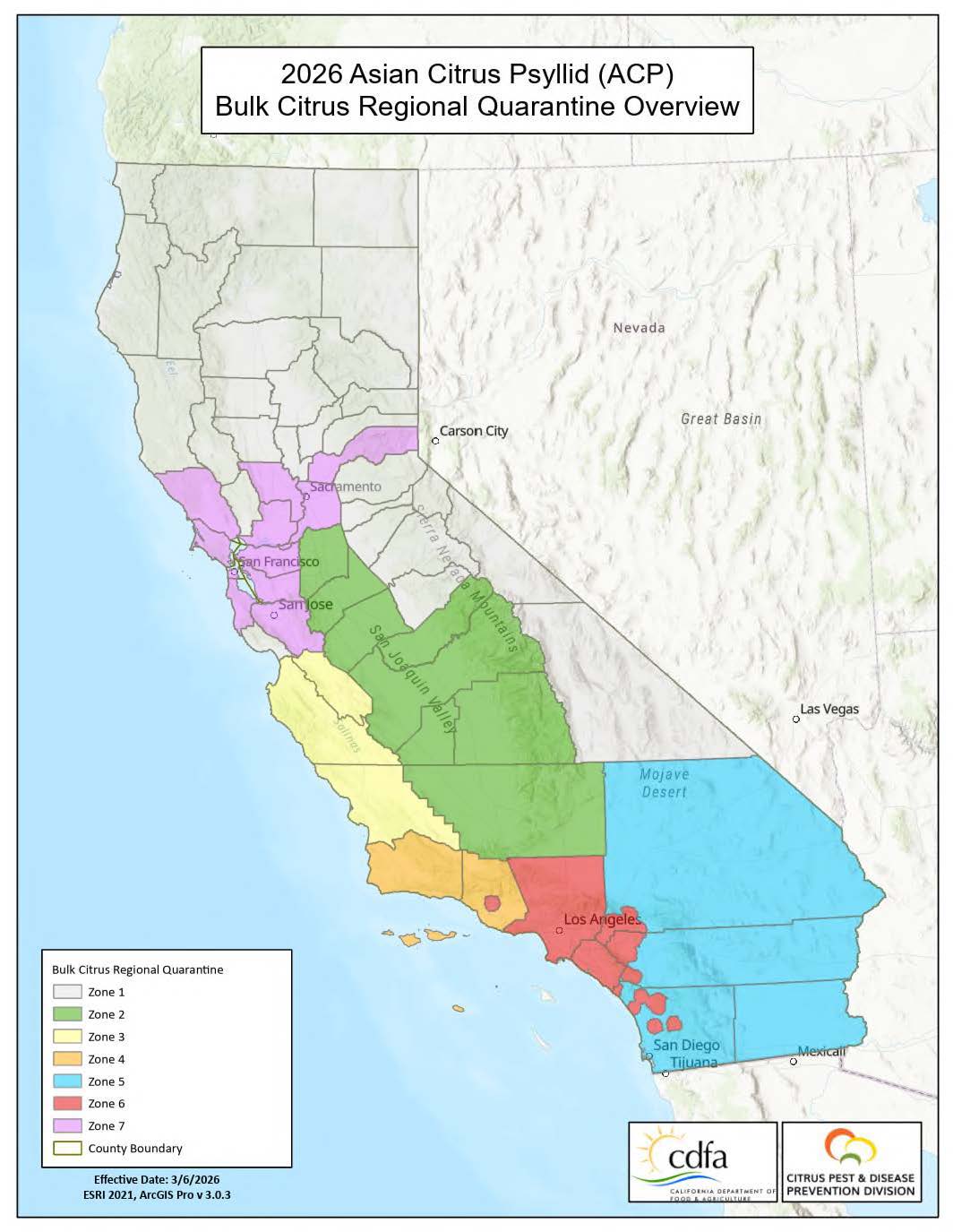 Map for Bulk Citrus Regional Quarantine Zones