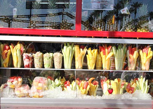 Fresh mixed variety fruit cups are a healthy and tasty snack option. Riverside County Fair & National Date Festival, Indio