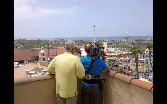 Huell Howser and cameraman take in the spectacular view from the roof of the grandstand. San Diego County Fair, Del Mar