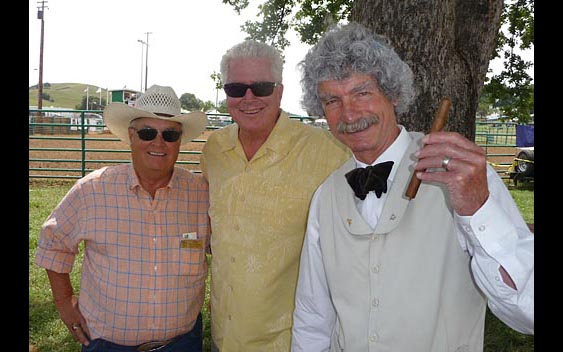 Fair CEO Ray Malerbi, Huell Howser, and special guest Mark Twain enjoy the Frog Jump. Calaveras County Fair & Jumping Frog Jubilee, Angels Camp