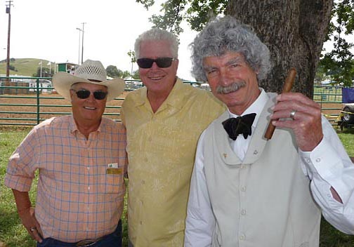 Fair CEO Ray Malerbi, Huell Howser, and special guest Mark Twain enjoy the Frog Jump. Calaveras County Fair & Jumping Frog Jubilee, Angels Camp