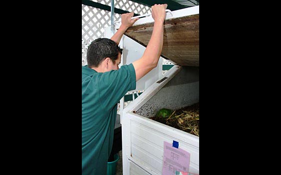 A fairgoer investigates the composting bins. San Diego County Fair, Del Mar