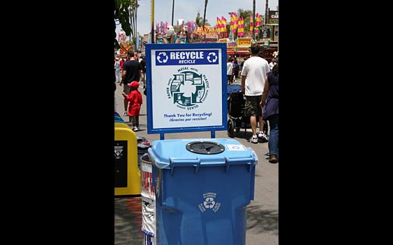 One of many plentiful and clearly marked recycling bins. San Diego County Fair, Del Mar