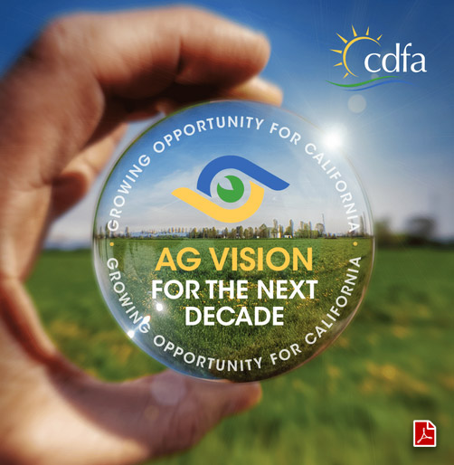 A hand holding a glass lens with a graphic that reads GROWING OPPORTUNITY FOR CALIFORNIA - AG VISION FOR THE NEXT DECADE