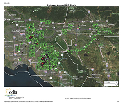 Close-up of releases around HLB find areas. Also note trade route releases