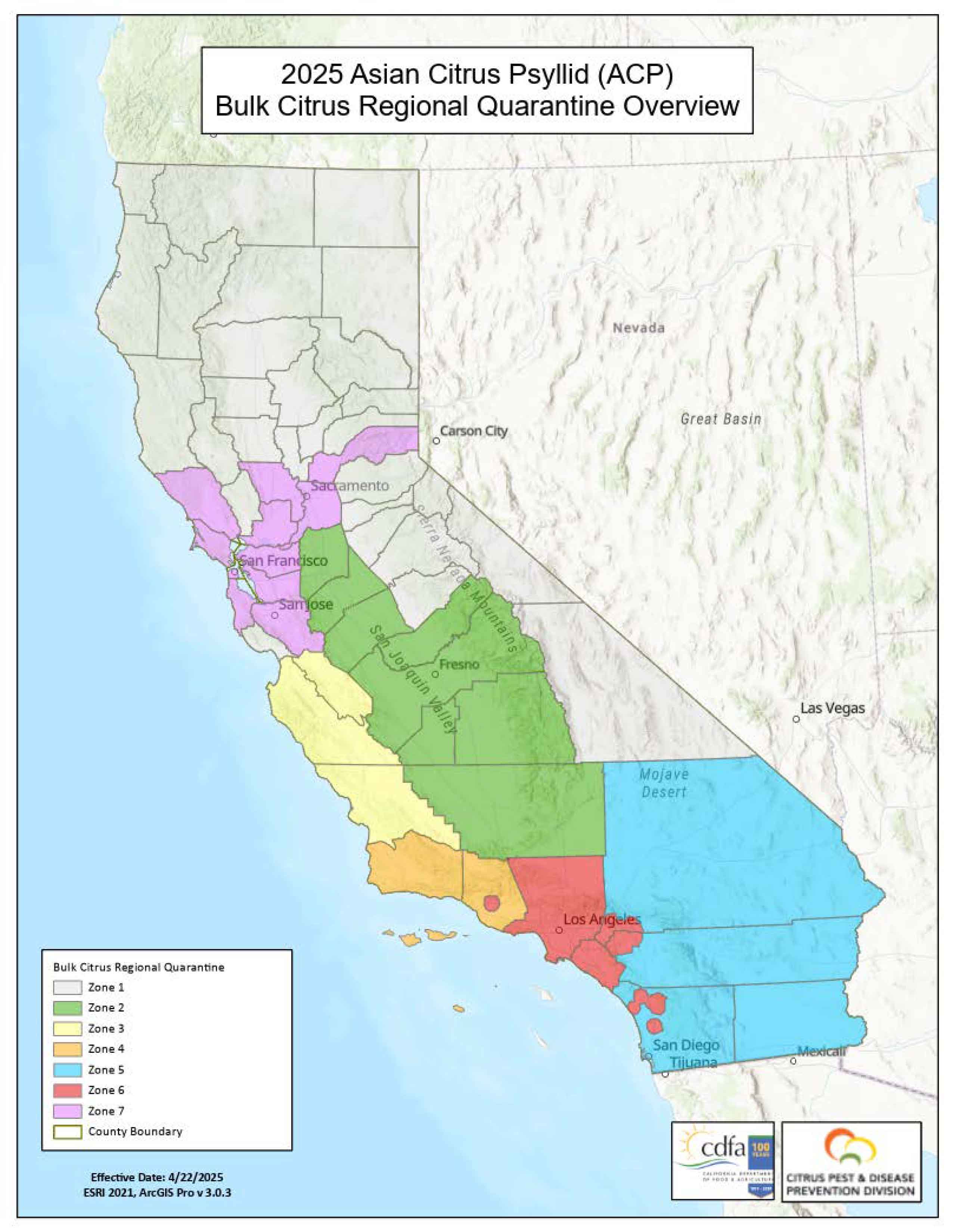 Map for Bulk Citrus Regional Quarantine Zones