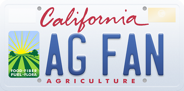 California license plate reading AG FAN with special interest agriculture badge: FOOD - FIBER - FUEL - FLORA
