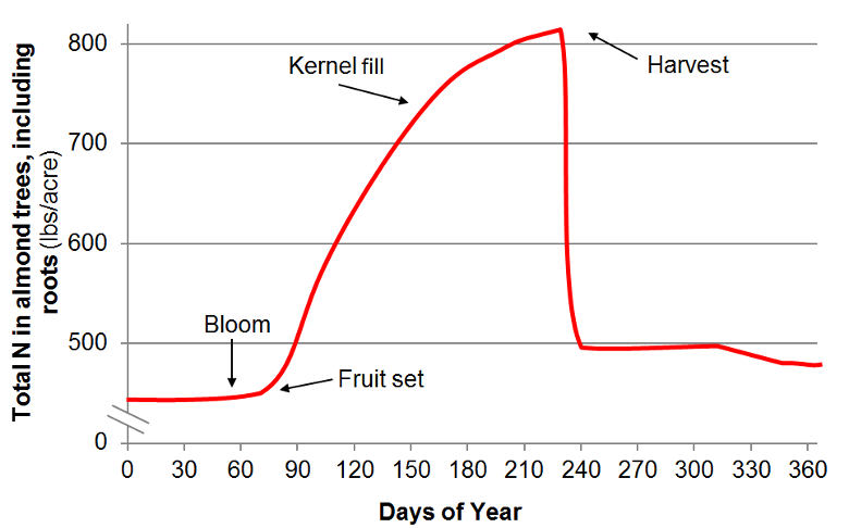 Total N in almond trees / Days of year