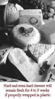 Photo of cheese with caption: Hard and semi-hard cheese will remain fresh for 4 to 8 weeks if properly wrapped in plastic.