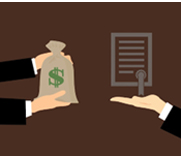 Fees image with extended hands receiving and giving a bag of money