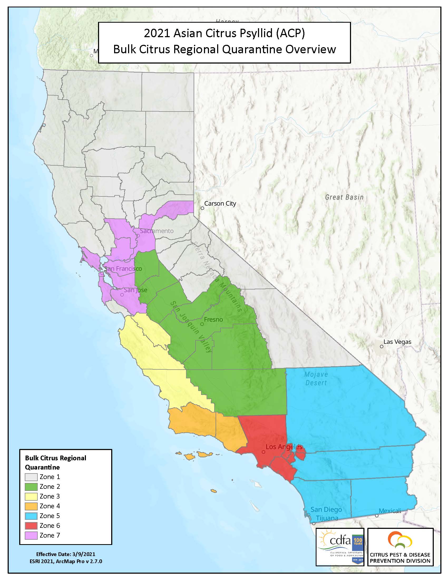 Map for Bulk Citrus Regional Quarantine Zones