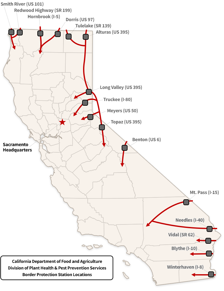 Map of California showing location of border stations