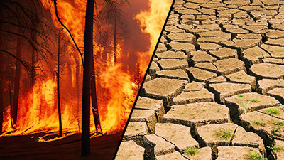 collage of a wildfire and a drought affected field